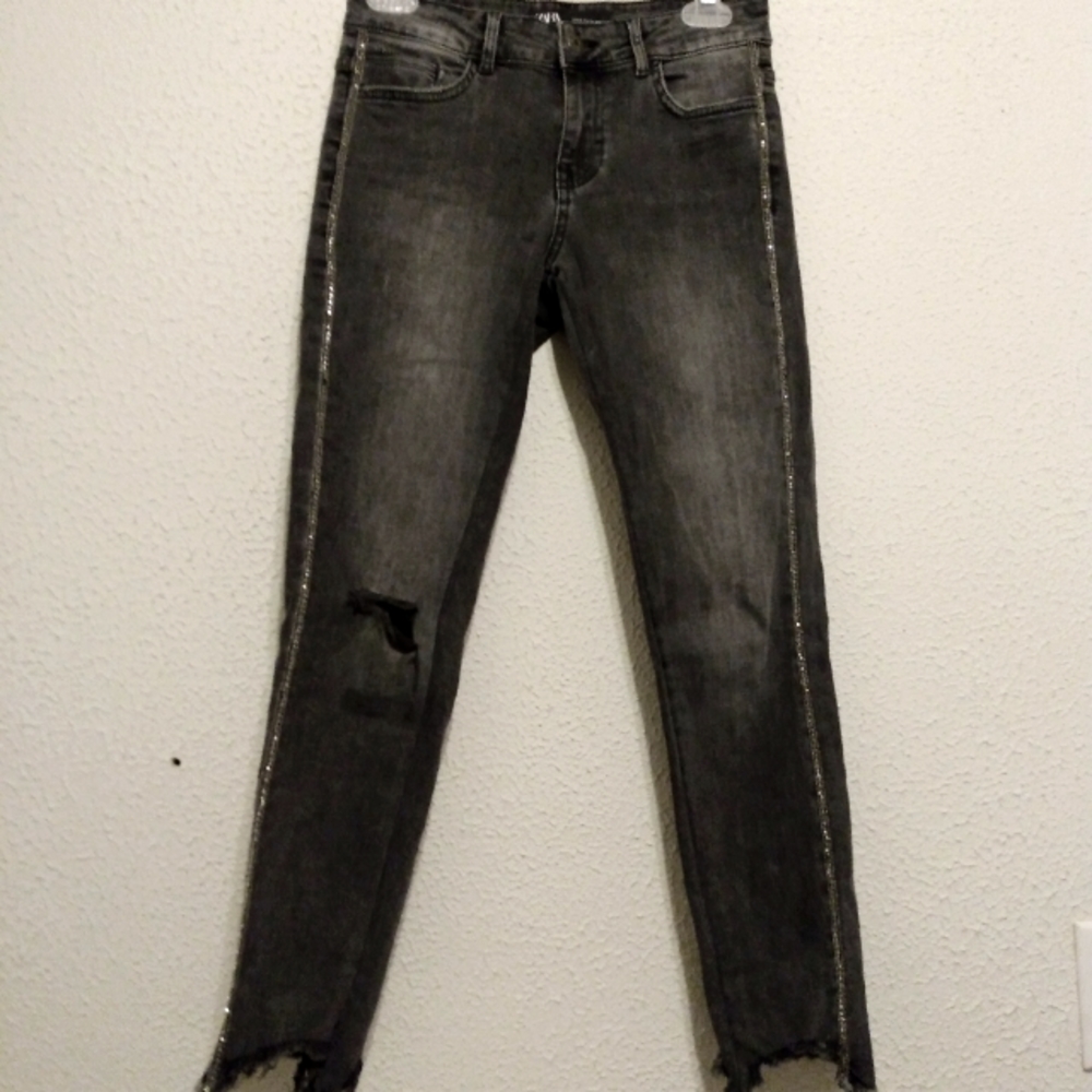 Zara Black Silver Rhinestone Side Strip Distressed Denim Jeans sz 4